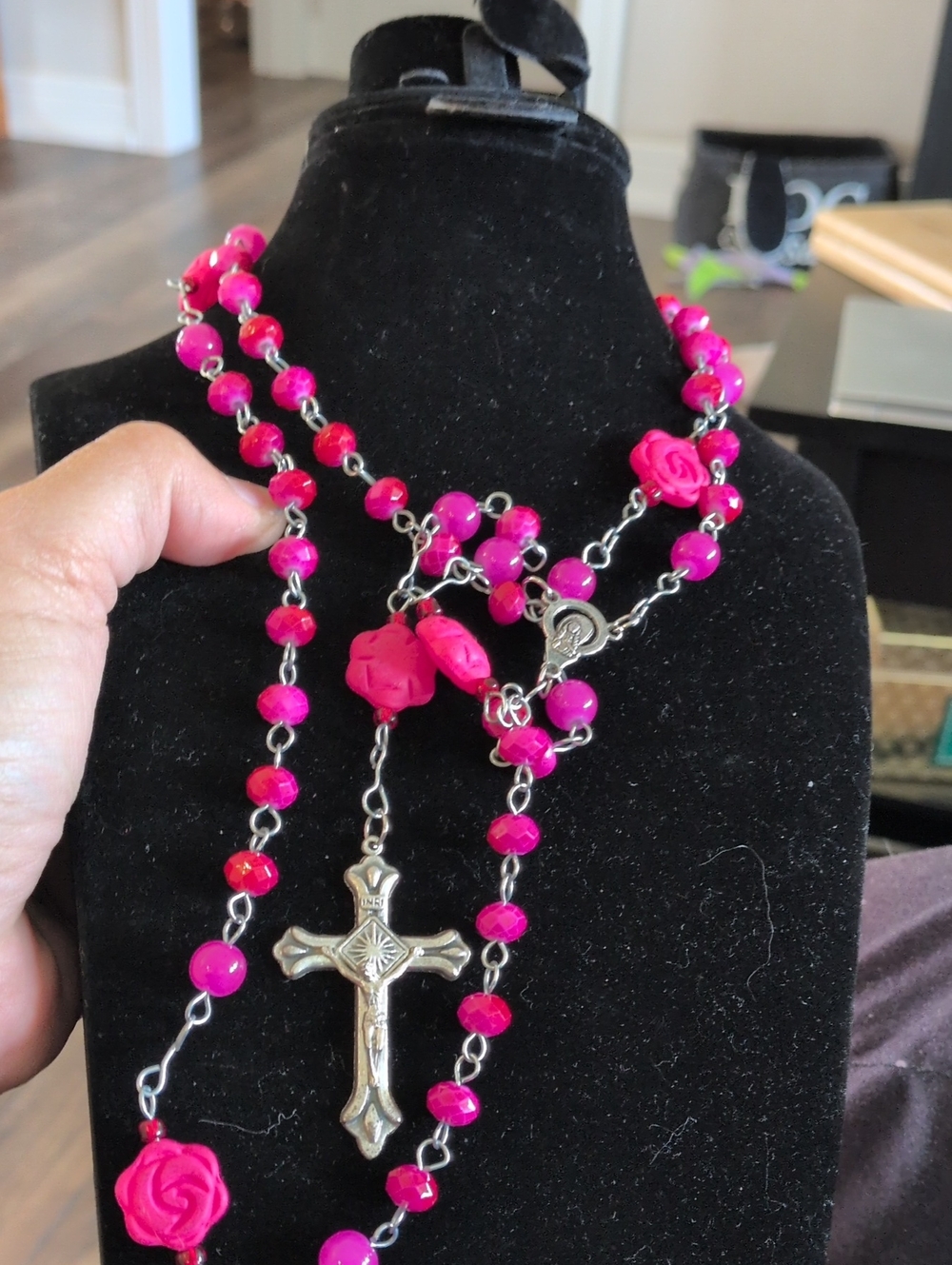 Hot Pink Rosary Necklace with Silver-Tone Cross